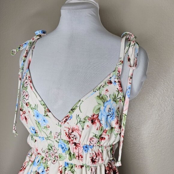Altar'd State S Cream Floral Mini Babydoll Dress Tie Shoulder Ruffle Hem Cottage - Picture 2 of 5